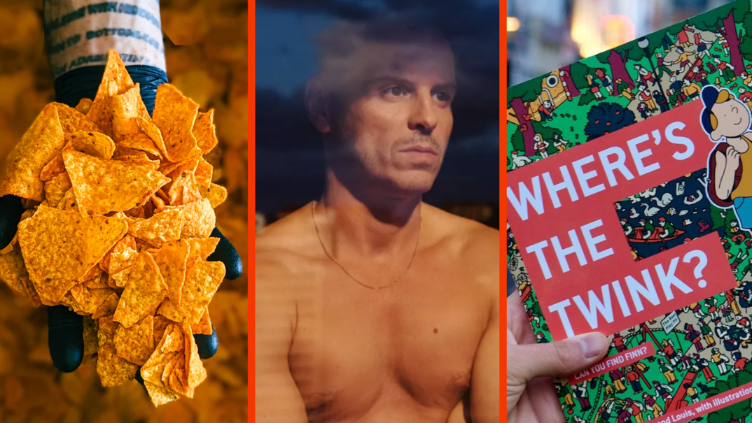 Three-panel image. In the first panel, a blue gloved hand holds up a pile of orange, nacho cheese-flavored Doritos  chips. In the middle panel, actor Andrew Scott pensively looks out a window. He has a faint mustache, a thin chain necklace and is shirtless, revealing his muscular upper chest. In the far right panel, a hand holds up a book in front of a blurred city background. The book features a cute animated boy character looking up and reads "Where's the Twink?"