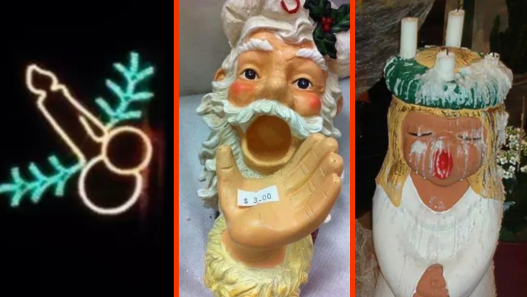 Three-panel image. In the first panel, a neon Christmas sign of a candle in front of two ball shaped ornaments with sprigs of holly that resembles a penis. In the middle, a ceramic Santa head wearing a hat with his mouth wide open and his hand outstretched in front of it. On the far right panel, a blonde singing angel decoration with her mouth wide open. Four white candles on top of her have melted, leaving her face covered in strands of white.