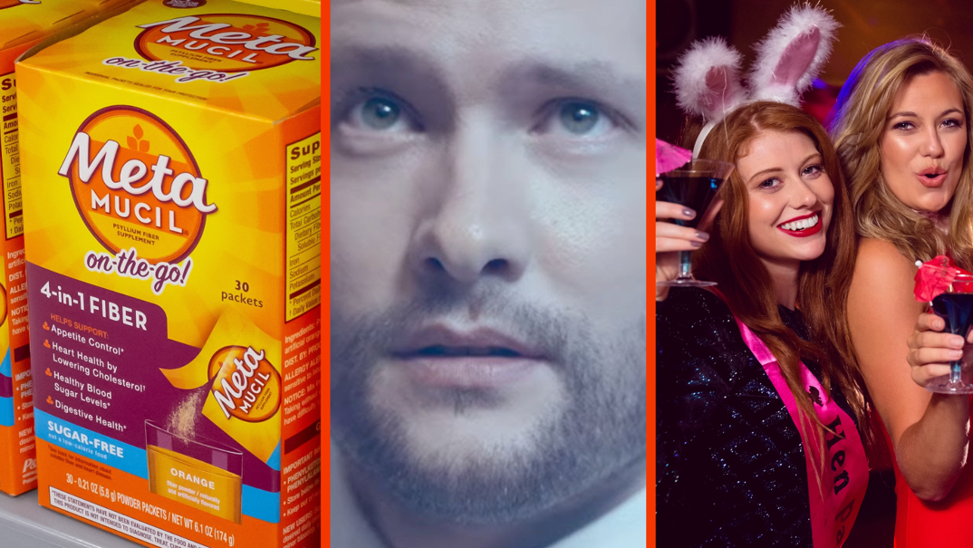 Three-panel image. In the far left panel, a cardboard orange box on a store shelf reading "Metamucil on-the-go. 4-in-1 fiber." In the middle panel, a close up of singer Calum Scott with piercing blue eyes looking up. He has a blonde beard. In the far right panel, a redhead girl wearing pink fuzzy bunny ears poses next to a blonde girl smiling in a red dress. They both hold up fruity cocktails for a toast.