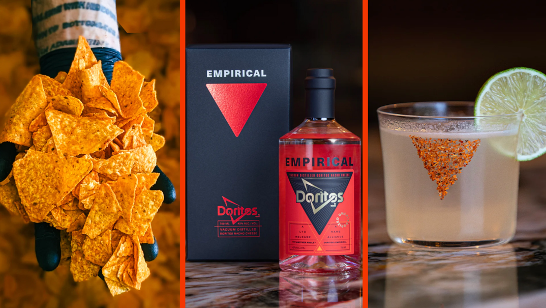 Three-panel image. In the first panel, a blue gloved hand holds a pile of orange, nacho-cheese flavored Doritos chips. In the middle panel, a black box with a red triangle reading "Empirical" and "Doritos" next to a bottle of clear liquor with the same label. In the far right panel, a translucent liquor sits in a short cup with a lime slice and a Dorito chip floating inside it. The cup sits on a granite counter.