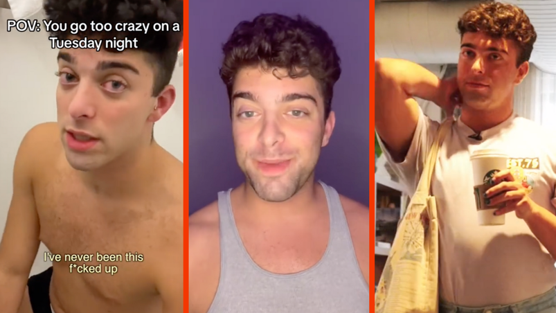 Three-panel image. In the first panel, a screenshot from a TikTok featuring Dylan Kevitch, who's shirtless in black boxer briefs, kneeling on a white bathroom floor. Text reads: "POV: You go too crazy on a Tuesday night" and a tan caption reads: "I've never been this f*cked up." In the middle panel, Dylan Kevitch smirks in front of a purple background wearing a gray tank top. He has stubble and curly dark hair. In the far right panel, Dylan Kevitch walks through a bright office. He looks off dramatically and readjusts a gray tote bag on his shoulder while he carries a white Starbucks coffee cup. He has painted nails and wears his t-shirt tucked into light denim jeans.