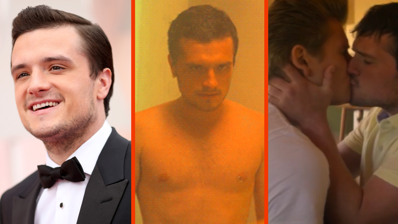 Three-panel image. In the left panel, Josh Hutcherson smiles on the red carpet. He has coiffed dark hair and wears a black suit jacket with a black bowtie over a white dress shirt. In the middle panel, Hutcherson's 'Future Man' character stands in a steamy shower shirtless and looks menacingly forward. He has a hairy chest and a nipple piercing. On the right panel, Hutcherson passionate kisses an actor dressed like James Dean (coiffed brown hair and a white t-shirt) in a scene from 'Future Man.' Josh wears a pastel yellow polo shirt and has his hands on the James Dean actor's face.