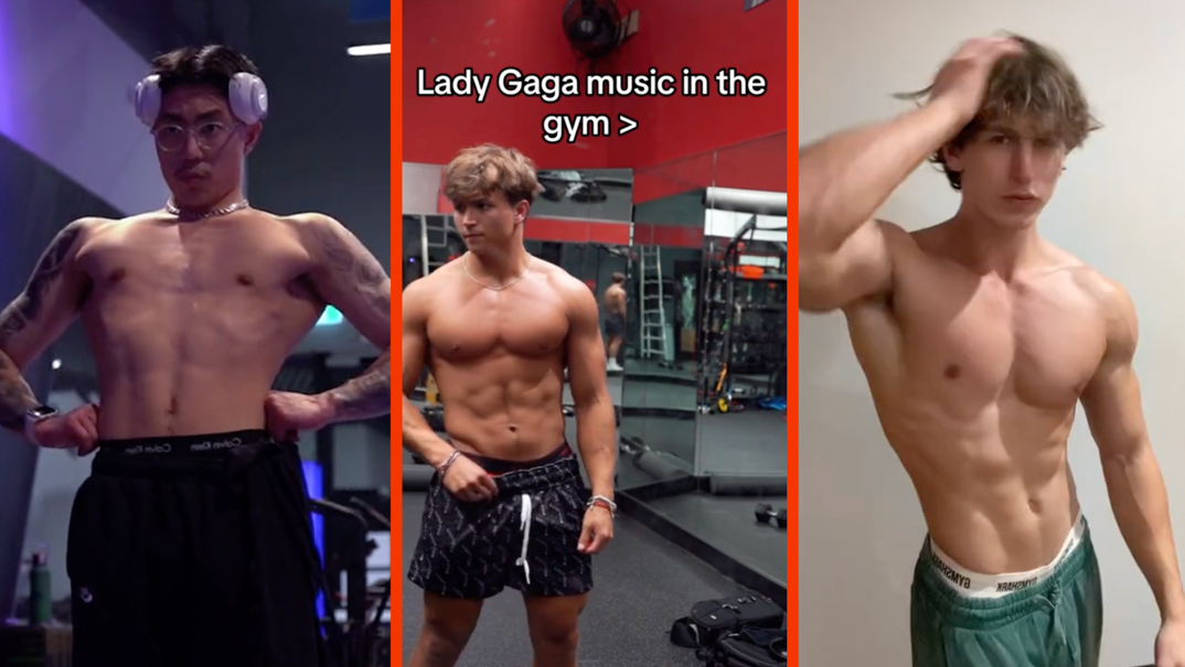 Three-panel image. On the far left, a tall, muscular Asian man flexes his chest with his hands on his hips. He is shirtless and has white headphones around his head. He stands in a dimly lit gym. in the middle, a muscular and tan blonde man looks off to his right side. He is shirtless and wears blue gym shorts with a white drawstring. In white text, he wrote "Lady Gaga music in the gym >." On the right, a thin and muscular man with long blonde hair rubs his head and looks at the camera mysteriously. He stands in front of a white wall wearing gray sweatpants with a white waistband of his underwear peeking out.