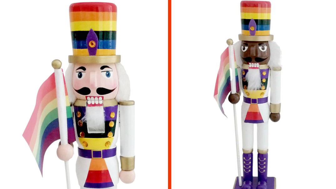 Two-panel image. On the left, a white nutcracker wearing a rainbow hat, holding a rainbow flag and wearing a rainbow colored outfit stands against a white background. On the right, a similarly dressed Black nutcracker stands posed from a farther distance.