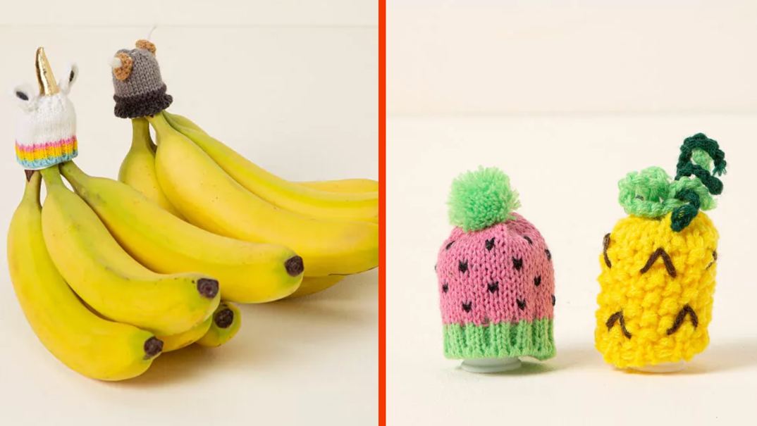Two-panel image. On the left, two pairs of bananas sit next to each other in front of a gray background. Both bananas have knit hats on top of the stems where they connect. The one on the left is a unicorn and the one on the right is a viking hat. In the right panel, two knit banana hats are posed fruitless. On the left is a knit hat resembling a watermelon and on the right is a knit hat resembling a pineapple. 