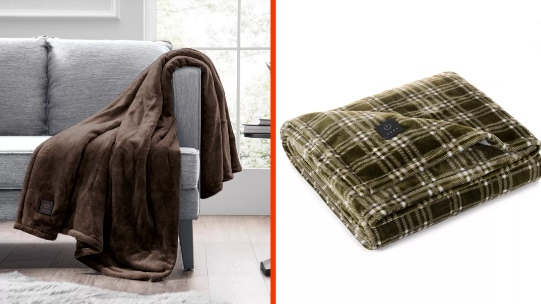 Two-panel image. In the left panel, a thick fleece brown throw blanket lays draped over the arm of a gray couch in a modern looking living room with a bright window. In the right panel, the same blanket in a green plaid color lays folded into a rectangle over a white background. 