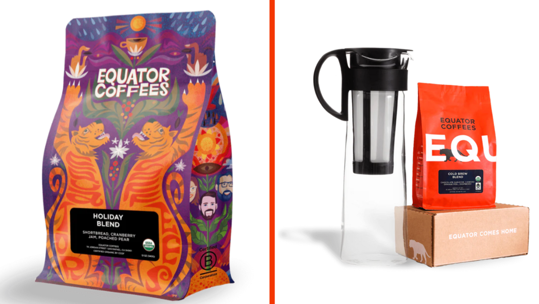 Two-panel image. On the left, a purple bag of coffee beans with orange tiger illustrations on the front. The bag reads "Equator Coffees Holiday Blend." On its side are illustrations of men and women smiling happily. In the right panel, a tall clear pitcher with a black lid and built-in filter is placed next to an orange bag of coffee grounds that reads "Equator Coffees" on top of a cardboard box.