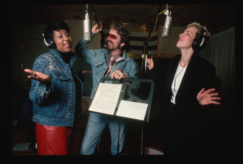 Aretha Franklin rehearses in a recording studio with Annie Lennox and Dave Stewart of Eurythmics