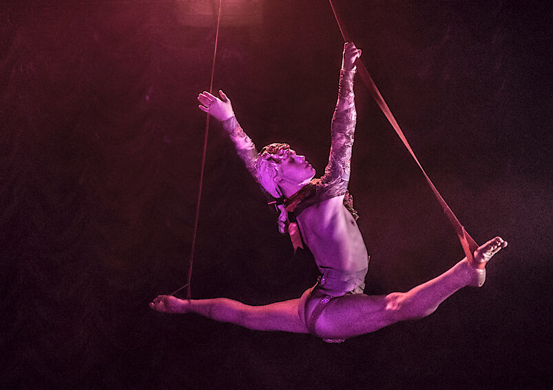 Nolan McKew performs on aerial straps for Company XIV.