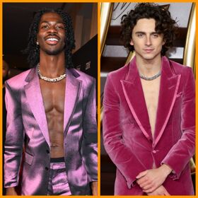 Lil Nas X & Timothée Chalamet dared to bare in an epic shirtless pink suit fashion battle royale