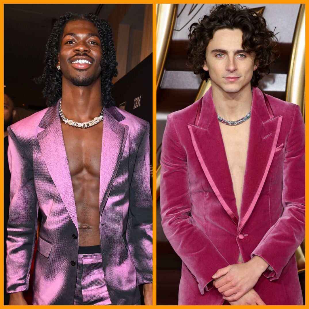 Lil Nas X and Timothee Chalamet in pink suits