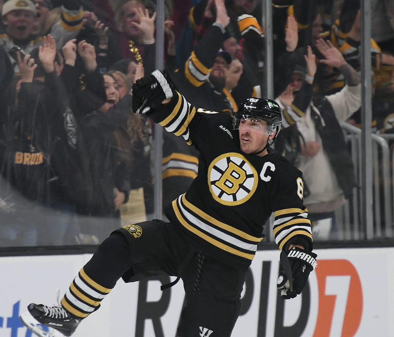 Boston Bruins player Brad Marchand celebrating a goal on the ice. 