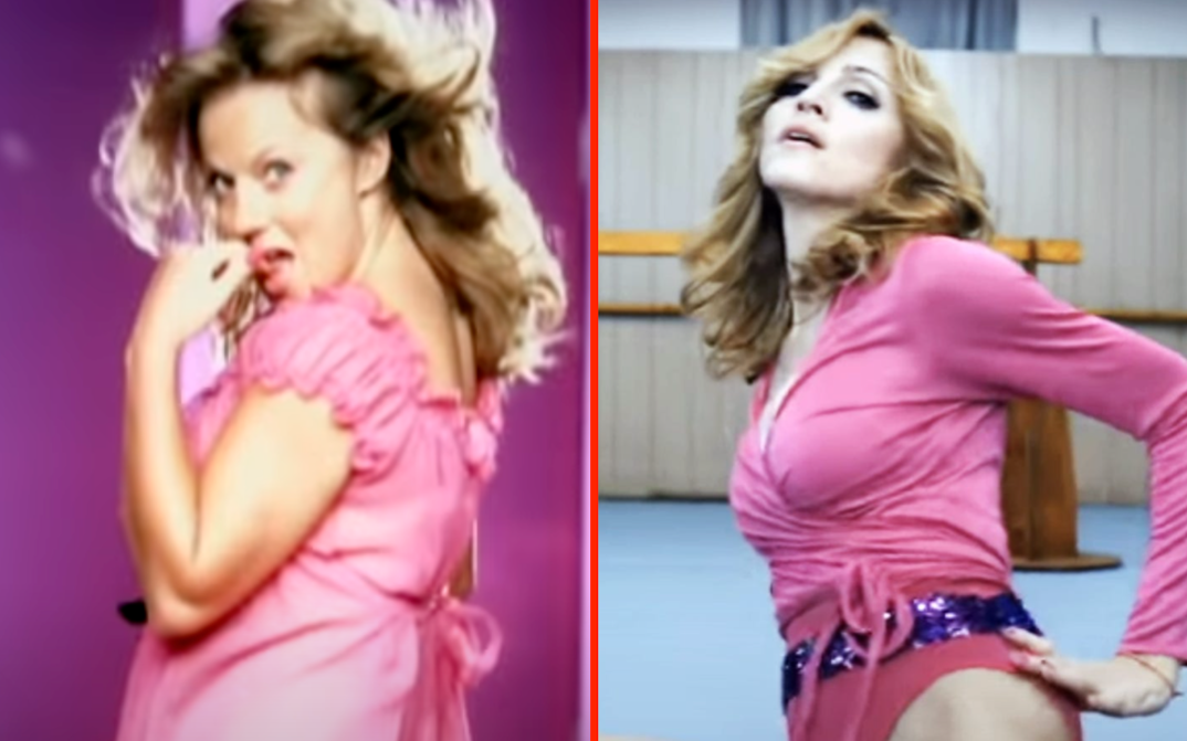 Geri Halliwell and Madonna side by side image, both wearing pink.
