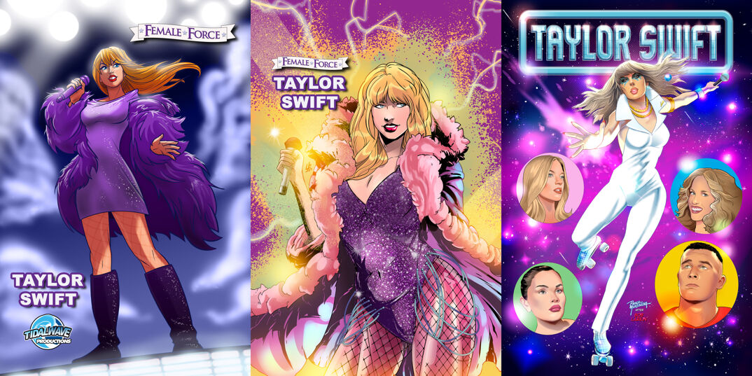 Three-panel image of purple illustrated comic book covers. All three read "Taylor Swift" and "Female Force." In the first panel, an illustration of Taylor with long blonde hair and a short purple dress and purple fuzzy jacket standing on a stage in front of a purple night sky. In the middle panel, Taylor stands holding a microphone in a pink fuzzy jacket and tight purple corset. An explosion of lightning is behind her. In the far right, Taylor stands floating in a purple sky in a white collared jumpsuit tightly fitted. Around her are floating circles of Selena Gomez (dark hair and dramatic red lipstick), Travis Kelce (buzzed hair, a red shirt, and a pensive look), Abigail Anderson (curly red hair and a big smile), and Karlie Kloss (long blonde hair and a far-off stare).