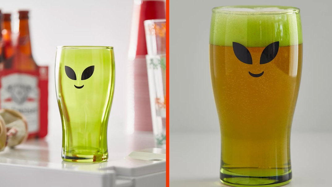 Two-panel image. In the left panel, a lime green pint glass with black alien eyes and a smile. The glass sits on a white countertop in front of beer bottles and red solo cups blurred in the background. In the right panel, the same glass is featured alone in front of a white backdrop, filled to the brim with a foaming, light-colored beer.