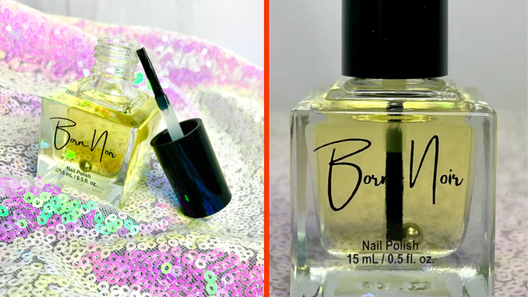 Two-panel image. In the left panel, a glass squared bottle shaped like nail polish reading "Born Noir" in cursive rests on top of a pink, green, and pink sequined blanket. The long, thin, black cap is off, revealing a wet brush. The bottle is filled with a translucent yellow liquid. In the right panel, the same bottle is featured close-up with the cap screwed on and brush resting in the liquid. It rests on a white sequined blanket.