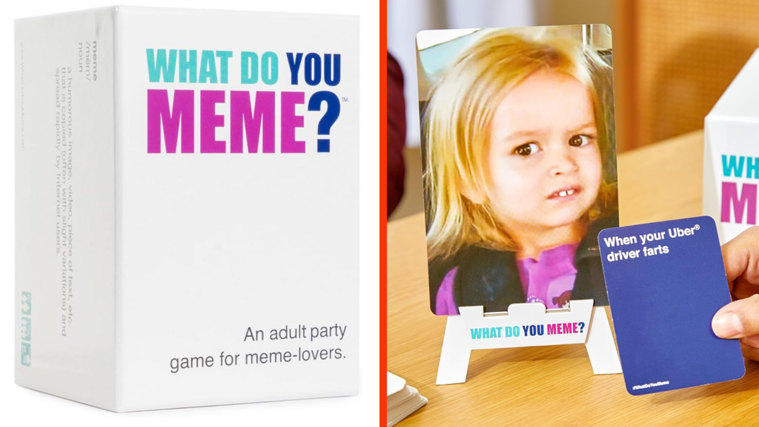Two-panel image. In the left panel, a white box for a card game reading: "What Do You Meme? An adult party game for meme-lovers." In the right panel, the box is pictured on a wooden table. One card, of a young blonde girl grimacing, is placed on a tiny white easel reading "What Do You Meme?" And a hand holds a blue card from the box in front of it, reading "When your Uber driver farts."