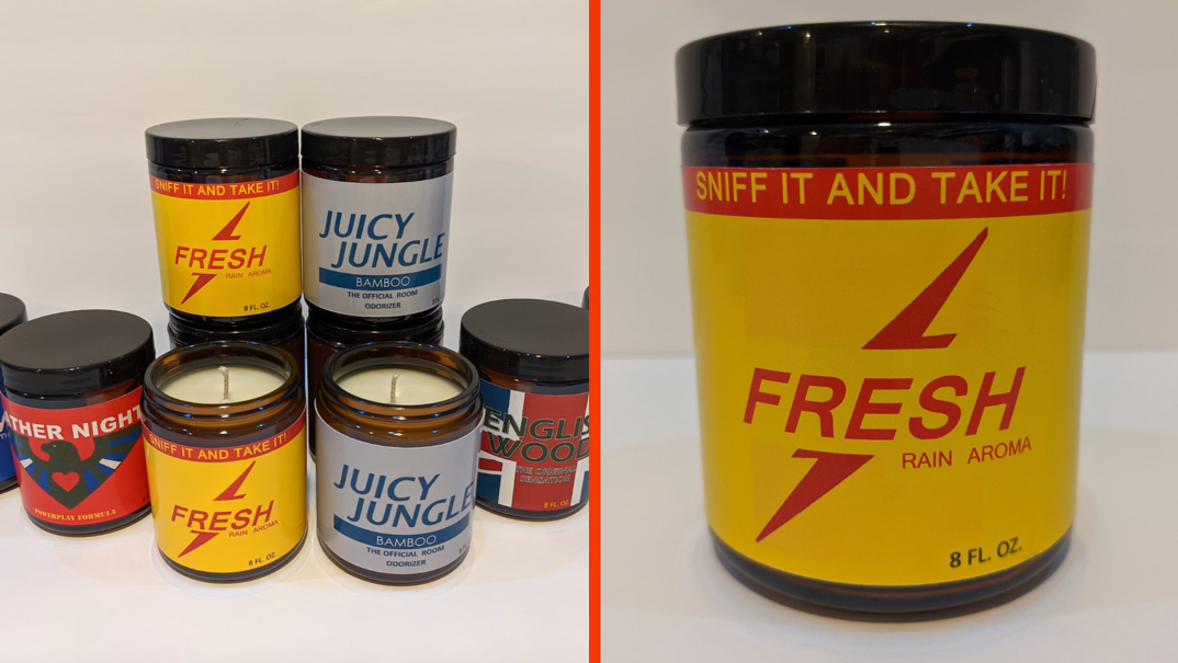 Two-panel image. In the left panel, an assortment of eight candles stacked on top of and around each other. They are decorated like bottles of poppers, with labels instead reading: "Juicy Jungle, Bamboo," and "English Wood." They're arranged in front of a white backdrop. In the right panel, a closeup of the candle resembling Rush poppers, reading "Sniff it and Take it!" and "Fresh, Rain Aroma." The candles are 8 fl. oz.