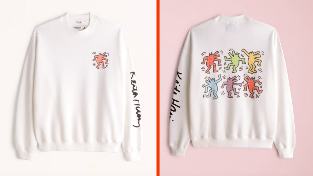 Two-panel image. In the left panel, a white crewneck sweatshirt on top of a white backdrop. The right sleeve reads "Keith Haring" down its arm and it features a tiny red figure with movement lines drawn by Haring on the front right breast. In the second panel, the same sweatshirt flipped around on a salmon pink backdrop. The back features six of the same characters drawn by Haring, arranged in two lines of three, in colors like red, yellow, pink, blue, and orange.