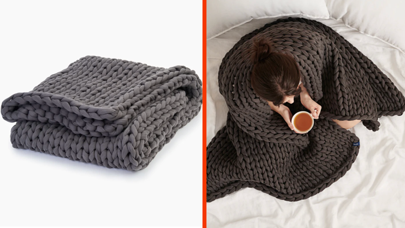 Two-panel image. In the left panel, a thickly knotted and gray weighted blanket folded into a neat square in front of a white backdrop. In the right panel, a brunette girl sits wearing the same blanket draped around her shoulders on top of white linens. She holds a coffee cup and is pictured from above, obscuring her face.