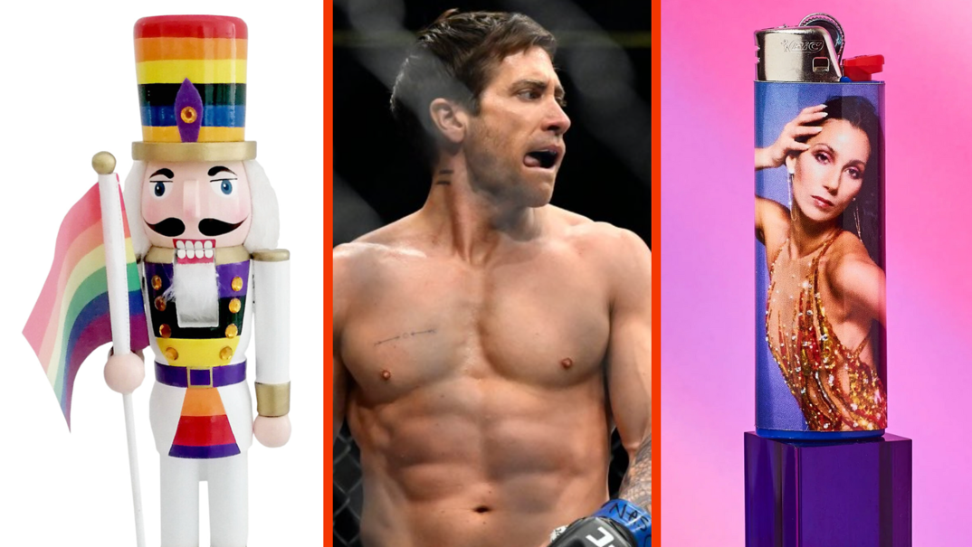 Three panel image. On the left, a nutcracker with a rainbow hat holding a rainbow flag. In the middle, Jake Gyllenhaal licks his lips while standing shirtless in a wrestling ring. On the right, a purple lighter featuring Cher from the '80s touching her long black hair.