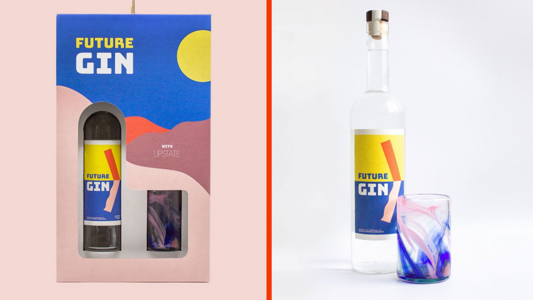 Two-panel image. In the left panel, a boxset featuring a blue sky, tan, red, and purple mountains, and a yellow sun. Inside the boxset is a bottle of Future Gin, with a label featuring its name and a yellow, red, and blue illustration. Next to it is a purple and blue swirled glass cup. The box reads "Future Gin" and "With Upstate." In the right panel, the gin bottle and glass cup are pictured out of the boxset and in front of a white backdrop.