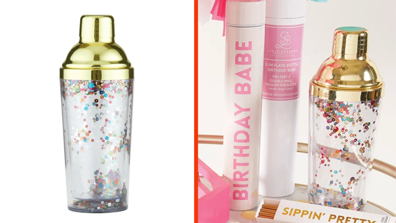 Two-panel image. In the left panel, a translucent cocktail shaker filled with rainbow confetti sits in front of a white background. It has a gold, stainless steel topper. In the right panel, the same shaker sits on a decorative golden table surrounded by other party decorations with pink labels, reading things like "Birthday Babe" and "Sippin' Pretty."