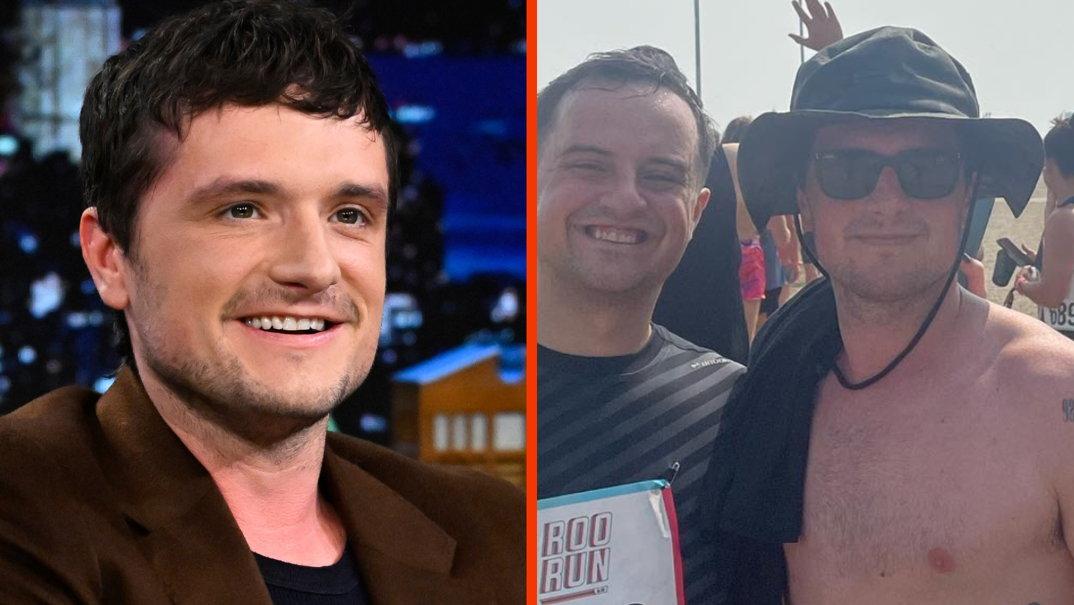 Two-panel image. On the left, actor Josh Hutcherson smiles while sitting in front of a city backdrop on The Tonight Show with Jimmy Fallon. He has short black hair, light stubble, and wears a black t-shirt under a brown suit jacket. On the right, Connor Hutcherson smiles in the sun next to his brother Josh, who wears a long brimmed hat, sunglasses, and stands shirtless. They are outdoors at a music festival. 