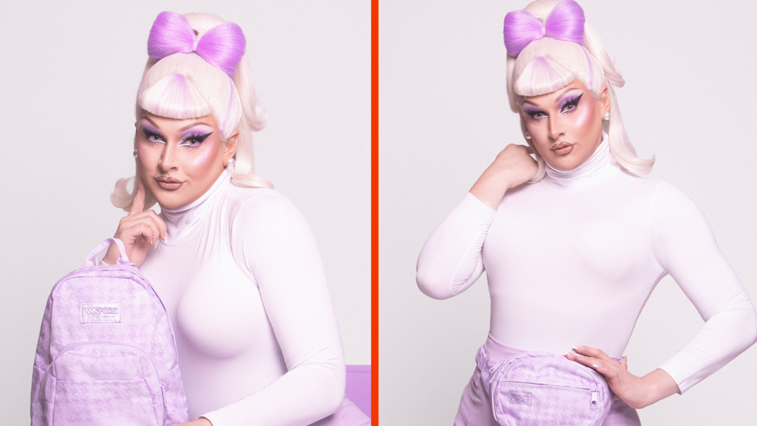Two-panel image. In the left panel, drag queen Jan Sport smiles in front of a white background holding a purple JanSport mini backpack that she designed. She has tall platinum hair with a purple bow and purple eyeshadow and lashes. She wears a tight lilac turtleneck. In the right panel, Jan Sport poses in the same outfit, this time wearing a lilac colored fanny pack around her waist. 