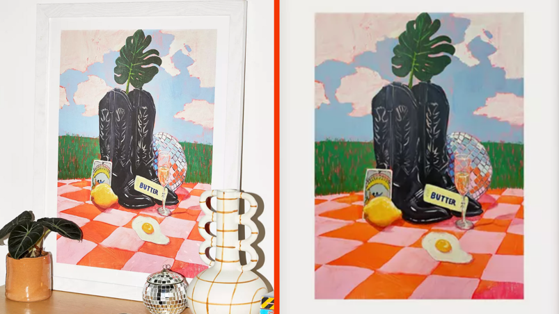 Two-panel image. In the left panel, a framed painted picture of black cowboy boots on a pink and orange checker-boarded picnic blanket on green grass. There's a leaf sticking out of the boots, which sit next to a disco ball, a stick of butter, a lemon, a fried egg, and a tarot card. The framed print sits on a wooden table up against a white wall next to a green houseplant and disco ball ornament. In the right panel, a closeup of the print.