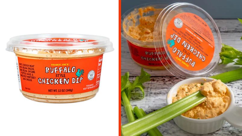 Two-panel image. On the left, a plastic container filled with an orange colored substance. The dark orange label reads "Trader Joe's Buffalo Style Chicken Dip" in bubble lettering next to a turquoise illustration of a chicken. In the right panel, the container is pictured with its lid off on a granite countertop. A white dish is filled with the dip, and a piece of celery is dipped inside it for decoration.
