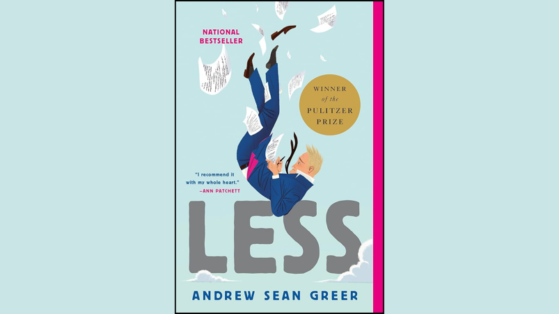 The book cover for "Less" by Andrew Sean Greer is pictured in front of a light blue backdrop to match the color of the book itself. The cover features an illustration of a white and blonde man falling through clouds with pieces of paper floating around him. In addition to the author's name and the title in gray lettering, the cover also reads "Winner of the Pulitzer Prize" and "National Bestseller."
