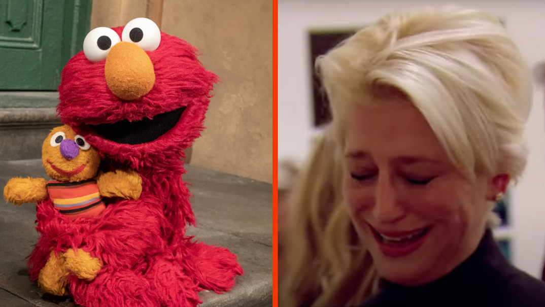 Two-panel image. On the left, red and fuzzy puppet Elmo from Sesame Street, with big eyes and an orange nose, sits on a stoop smiling. He holds an orange doll in his hands. On the right, Dorina Medley, with a blonde and jagged bob haircut, stands in the middle of a room crying. She wears a black turtleneck.