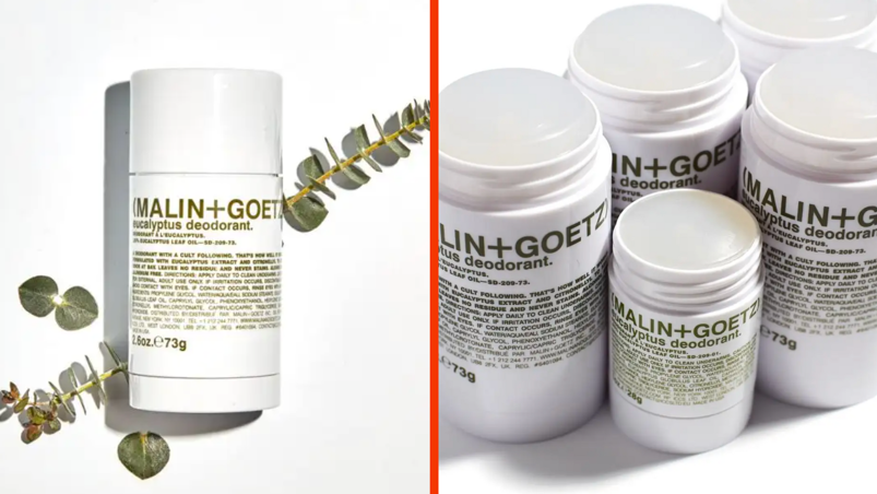Two-panel image. In the left panel, a white cylindrical container with a lid. The container reads "Malin+Goetz eucalyptus deodorant" in golden text, with indistinguishable lettering underneath. It's pictured in front of a green, fresh eucalyptus branch. In the right panel, the same canister is pictured in a grouping of four, with each tube's lid removed to reveal a clear deodorant substance.