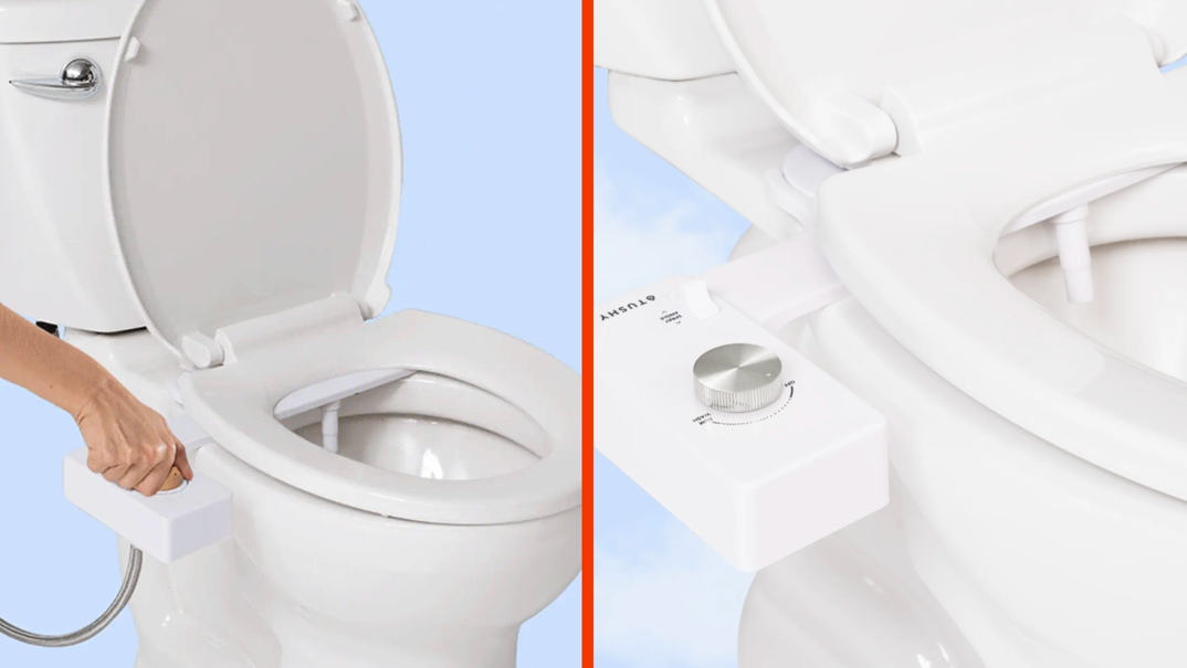 Two-panel image. In the left panel, a white toilet is pictured with the toilet seat open. A hand adjusts the nozzle of a TUSHY bidet attachment, which is affixed to the left side of the toilet. In the right panel, a close up of the attachment to reveal a silver dial and a white nozzle inside the toilet bowl.