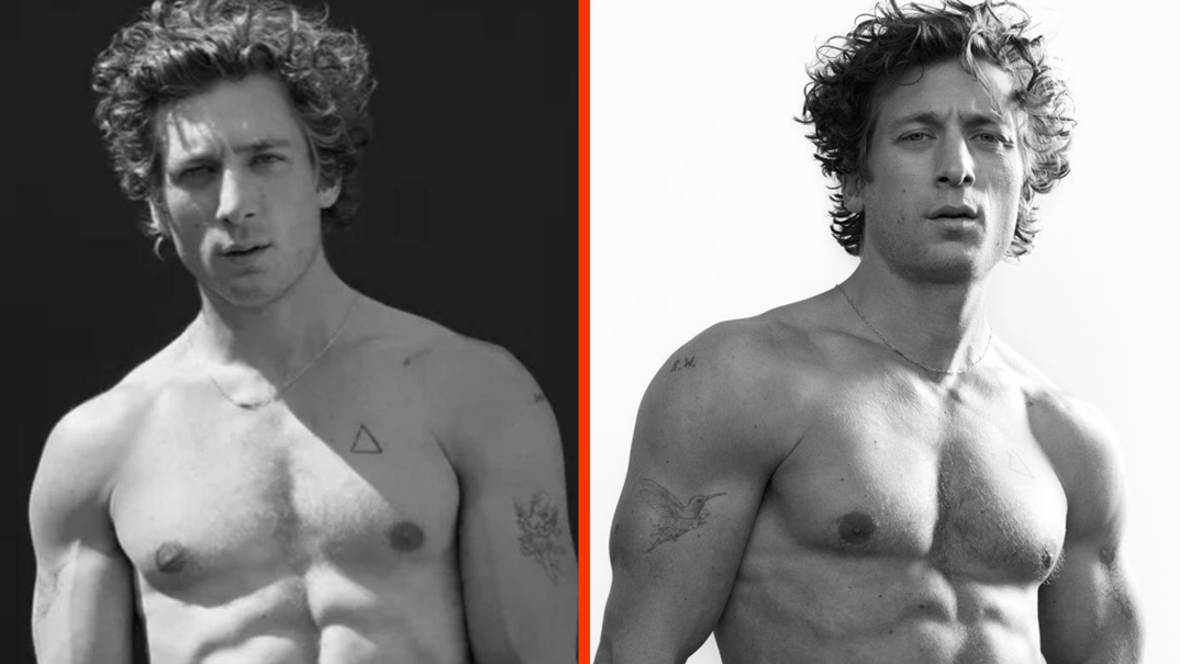 Two-panel image. In the left panel, Jeremy Allen White poses shirtless in front of a black background. He has huge biceps and defined pectorials, a triangle tattoo on his chest, and long curly brown hair and a piercing, moody stare. In the second panel, he stands in front of a white background.