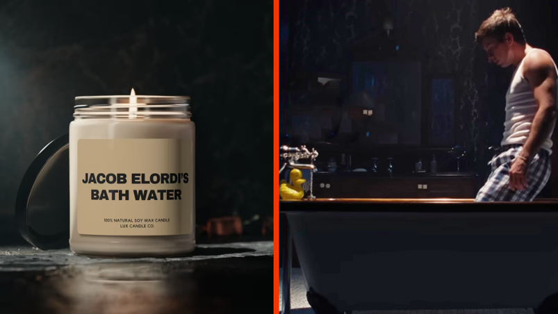 Two-panel image. in the left panel, a white lit candle sits on a black tabletop. Its label, affixed on a glass container, reads "Jacob Elordi's bath water" in thick, bold, black lettering. In the right panel, a 'Saltburn' scene featuring Barry Keoghan, with strong biceps in a white tanktop and pajama pants, standing in a dark standalone bathtub about to crouch down. There's a yellow rubber duck on the tub's edge and the background is dark.