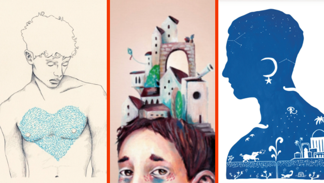 Three-panel image of illustrations by queer Spanish artist Bran Sólo. In the left panel, a line drawing of a thin shirtless man looking down. A blue heart is drawn on his chest, made to look like his chest hair. In the middle panel, a dark haired boy stares back at you with tears running down his eyes. Stacked on top of his hair is a winding city of towers, stairs, and bridges. In the right panel, the profile of a young man is drawn as a blue silhouette. Within the blue are white stars, constellations, animals running, and an illustration of a town.