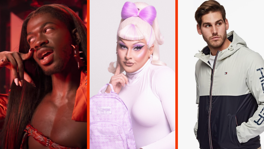 Three-panel image. In the left panel, rapper Lil Nas X stands in front of a red background with long red hair. He stands shirtless wearing a spiky earring and long red nails, which he brushes against his face as he looks off. In the middle, drag queen Jan Sport smiles in front of a white background holding a purple JanSport mini backpack that she designed. She has tall platinum hair with a purple bow and purple eyeshadow and lashes. She wears a tight lilac turtleneck. In the right panel, an attractive man with dirty blonde hair and stubble stands in front of a white background. He wears a tan and blue striped Tommy Hilfiger wind breaker zipped up to the collar and stands with his hands in his pockets.