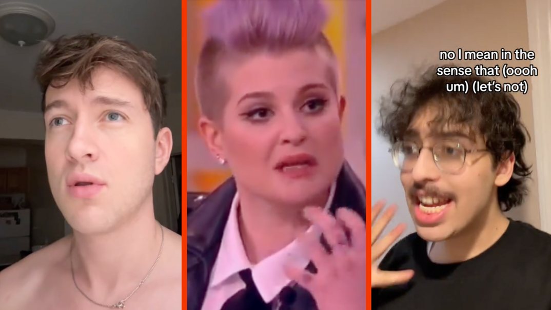 Three-panel image. On the left, a blonde and fit shirtless man wearing a thin chain necklace looks off as he talks into his phone in a clip from TikTok. In the middle panel, Kelly Osbourne talks in an episode from 'The View.' She has light purple hair styled on top of her head with shaved sides and thick winged eyeliner. She wears a white collared shirt and black tie under a leather jacket. In the far right panel, a man with long black hair and a thin black mustache stands wearing a black t-shirt. He wears glasses and has his hand passionately raised in the midst of a TikTok video. Captioning on the screen reads: "No I mean in the sense that (oooh um) (let's not)"