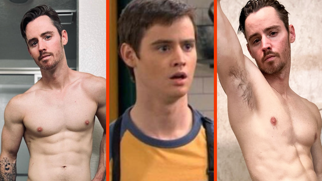 Three-panel image. In the far left panel, Dan Benson stands with coiffed brown hair and a thin reddish beard shirtless in his bathroom. He has a smooth and muscular chest and tattoos down his arm. In the middle panel, Benson is pictured as a young man in an episode of 'Wizards of Waverly Place.' He has a clean-shaven face, short hair, and wears a blue and golden shirt. In the right panel, modern day Benson poses shirtless in a shower with his arm up, showing off his armpit and bulging bicep.