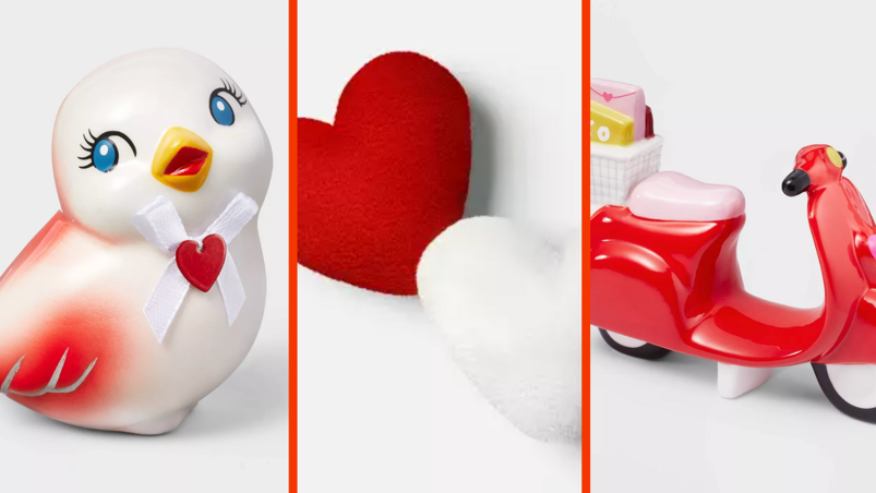 Three-panel image. On the left, a white ceramic cartoonish looking bird. The bird wears a white bow with a heart around its neck and has red undertones and blue eyes. In the middle panel, two heart-shaped throw pillows lay on top of each other. One is red and one is white. In the right panel, a ceramic figurine of a red Vespa scooter. The figurine has white and black wheels, a pink seat, and affixed to its back is a cart of yellow and pink packages.