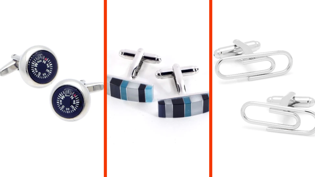 Three-panel image of different cufflinks in front of white backgrounds. On the left, a pair resembling a compass with a blue face and N, E, S, and W printed on them. In the middle, two rectangular sized pieces affixed to silver cufflinks, featuring a pleasant arrangement of different shades of blue and gray. On the right, two silver paper clips affixed to silver cufflinks.
