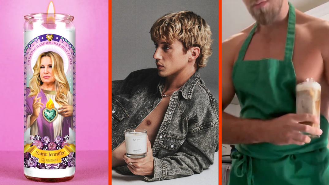 Three-panel image. In the left panel, a white prayer candle sits in front of a pink background. The candle is emblazoned with a photo of actress Jennifer Coolidge, whose head is imposed on top of a biblical figure's body. A gold label reads "Saint Jennifer." In the middle panel, Troye Sivan lays in front of a gray backdrop wearing a black distressed denim jacket open to reveal his bare chest. He has messy bleached hair and looks off mysteriously while holding a white candle. In the right panel, a muscular shirtless man stands in a kitchen wearing a green apron. He holds a glass of iced coffee with whipped cream up to his left pec and uses the muscle to mix it.
