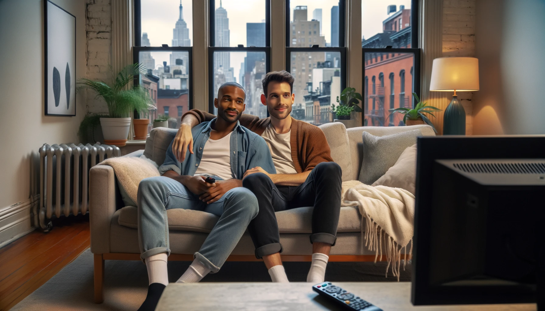 An interracial gay couple lounging on a couch in a cozy New York City apartment living room, watching TV. The room is modestly decorated in an urban style, with a cityscape visible through a window.