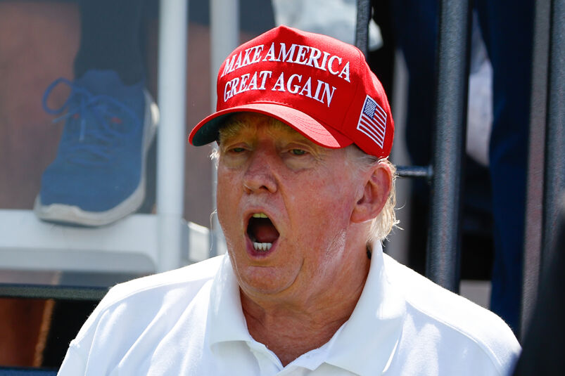 BEDMINSTER, NJ - AUGUST 13:  Former President Donald J. Trump at the first tee during the final round of LIV Golf Bedminster on August 13, 2023 at Trump National Golf Club in Bedminster, New Jersey.  (Photo by Rich Graessle/Icon Sportswire via Getty Images)