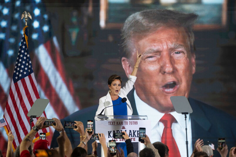SCOTTSDALE, ARIZONA - OCTOBER 10: Former Arizona Republican gubernatorial candidate Kari Lake announces her bid for the seat of U.S. Sen. Kyrsten Sinema (I-AZ) at JetSet Magazine on October 10, 2023 in Scottsdale, Arizona. Former President Donald Trump gave his endorsement of Lake through a pre-recorded video during the rally. (Photo by Rebecca Noble/Getty Images)