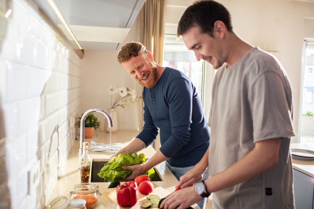 In a sunlit kitchen, two attractive gay men, one with ginger hair and a ginger beard and the other with short cropped brown hair and stubble, stand in front of a counter at the sink. They are preparing a healthy vegetarian meal, rinsing green lettuce and chopping cucumber. 