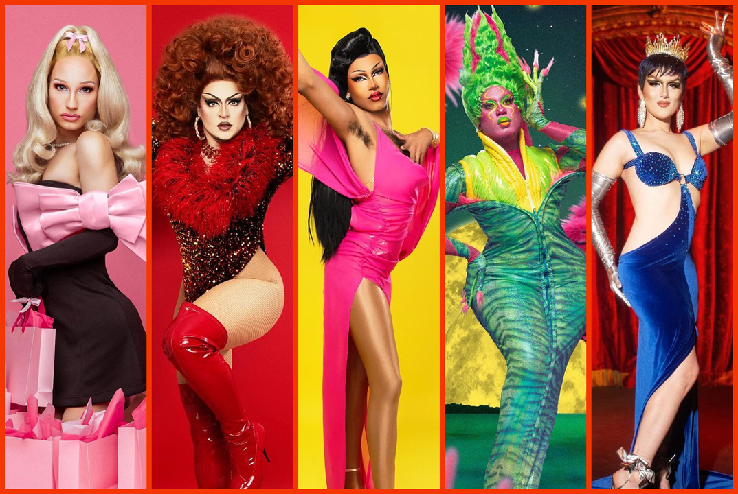 Five Chicago drag queens posing against vibrant backgrounds. From left to right: The first queen is in a blonde wig and a pink bow dress with a sweetheart neckline, the second sports a voluminous red hairdo with a sparkly red outfit, the third queen strikes a pose in a sleek black wig and a hot pink dress with a high slit, the fourth is adorned in a colorful, feathery ensemble suggesting a fantasy creature, and the fifth queen presents a classic look with a blue gown and a tiara, channeling traditional pageant elegance. Each queen showcases their unique style and personality.