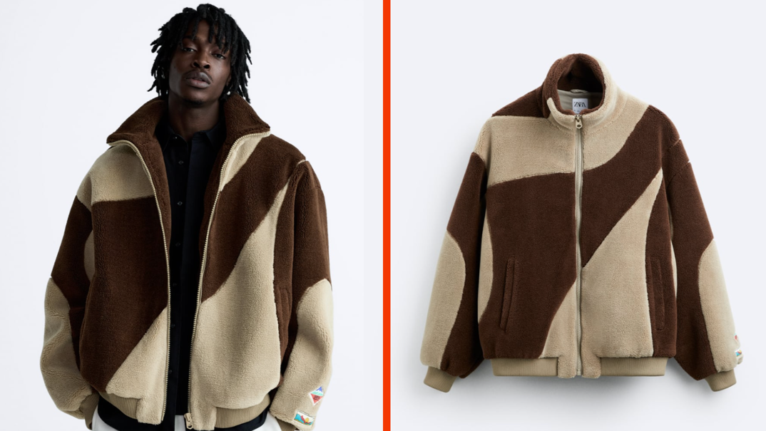 Two-panel image. On the left, a tall Black man with short locs stands with his hands in his pockets. He wears an oversized beige and brown fleece jacket, unzipped to reveal a black t-shirt. The jacket has long sleeves, a swirling pattern, and is lined with a solid brown fabric. In the right panel, the jacket is pictured by itself zipped up to the collar.
